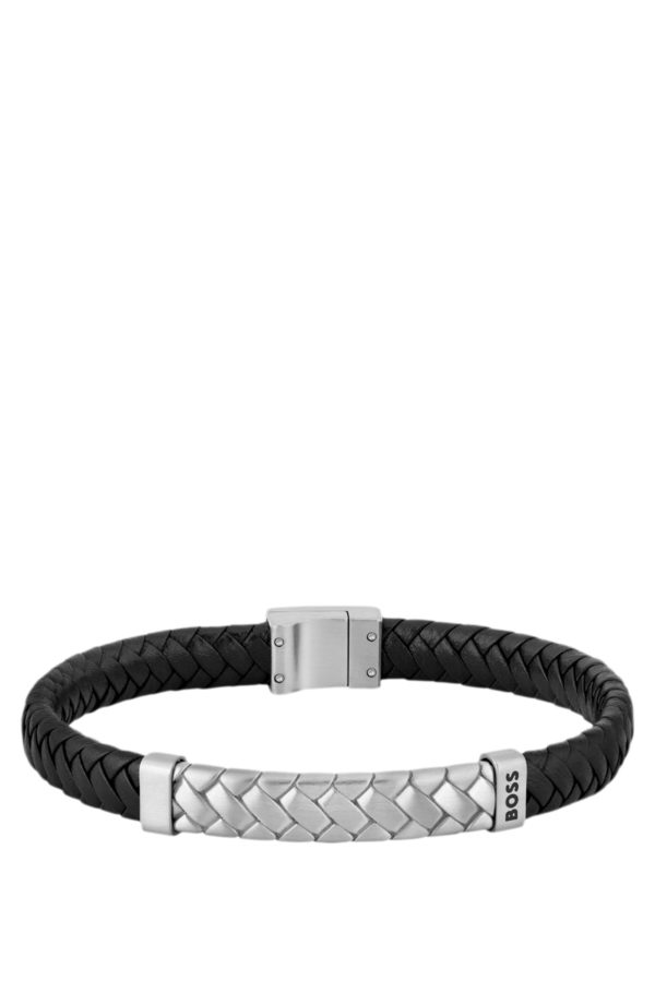 Hugo Boss Bracelet en cuir tressé noir avec garniture en métal à chevrons