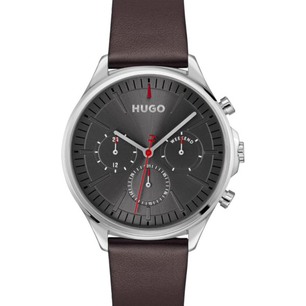 Hugo Boss Montre argentée avec bracelet en cuir marron