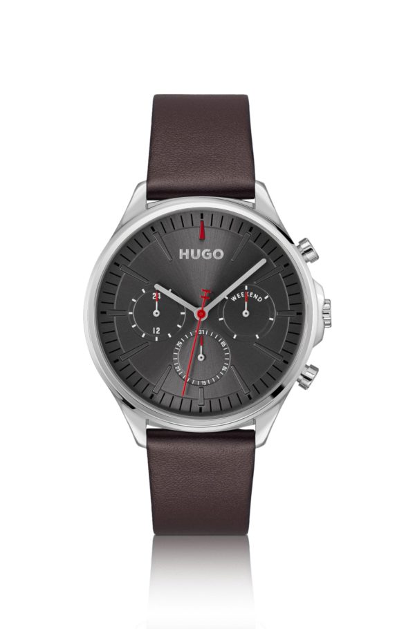 Hugo Boss Montre argentée avec bracelet en cuir marron