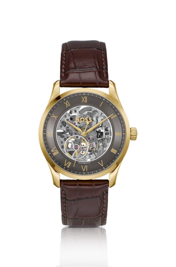 Hugo Boss Montre automatique dorée à cadran squelette