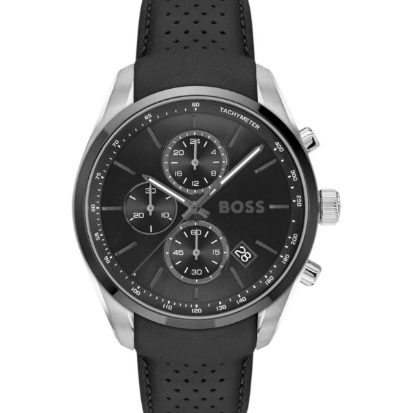 Hugo Boss Montre chronographe à cadran noir et bracelet en cuir
