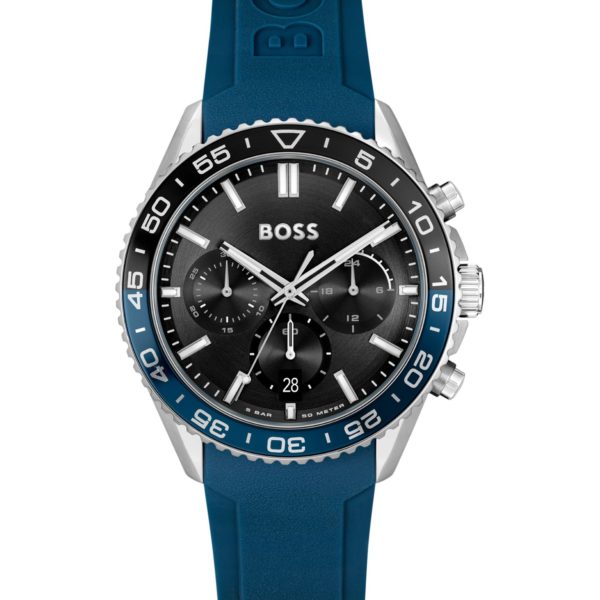 Hugo Boss Montre chronographe à cadran noir et bracelet en silicone bleu