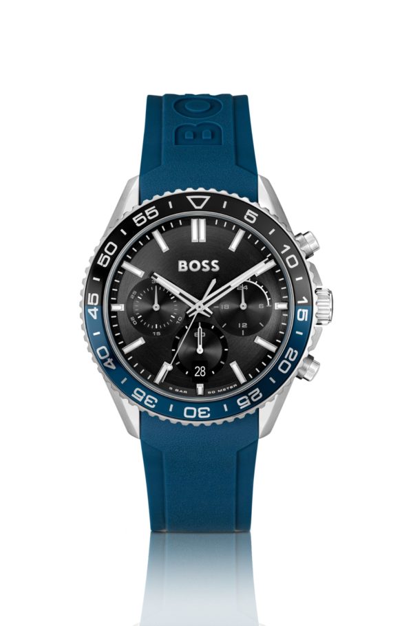 Hugo Boss Montre chronographe à cadran noir et bracelet en silicone bleu
