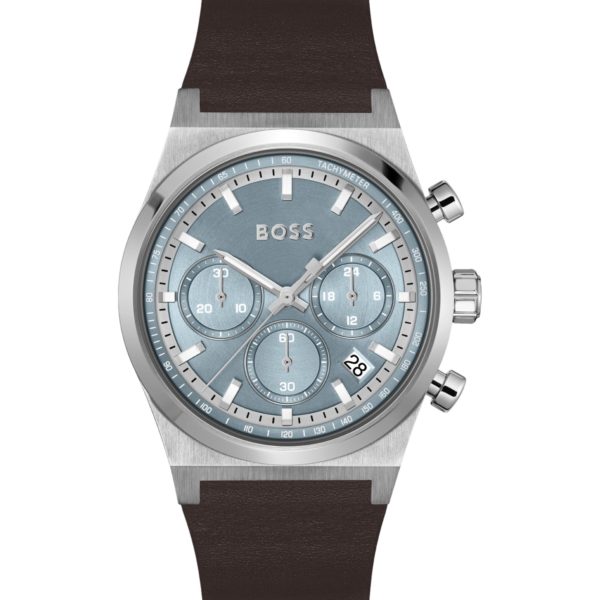 Hugo Boss Montre chronographe argentée avec bracelet en cuir marron