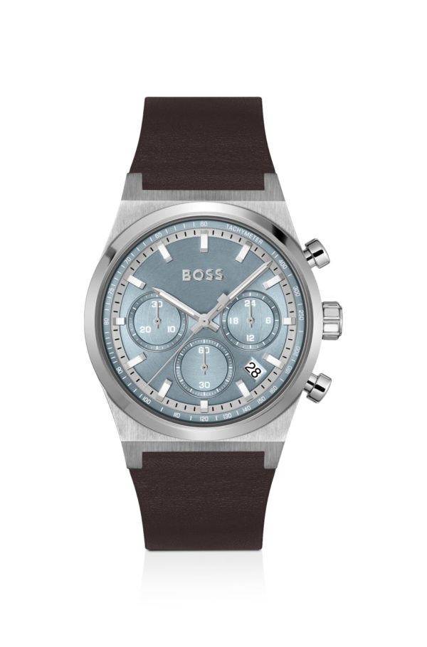 Hugo Boss Montre chronographe argentée avec bracelet en cuir marron
