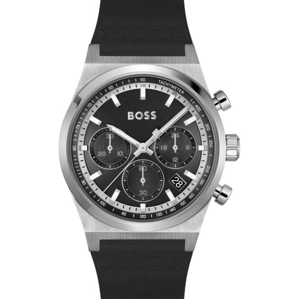 Hugo Boss Montre chronographe argentée avec bracelet en cuir noir