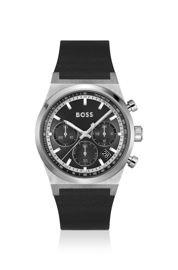 Hugo Boss Montre chronographe argentée avec bracelet en cuir noir