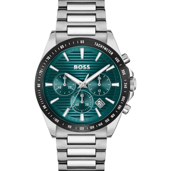 Hugo Boss Montre chronographe avec cadran vert rainuré et bracelet à maillons