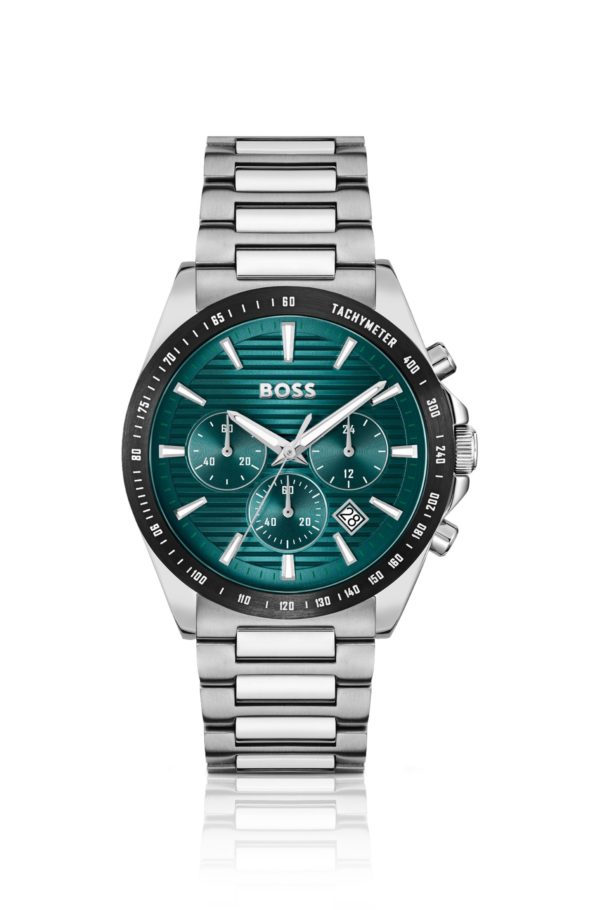 Hugo Boss Montre chronographe avec cadran vert rainuré et bracelet à maillons
