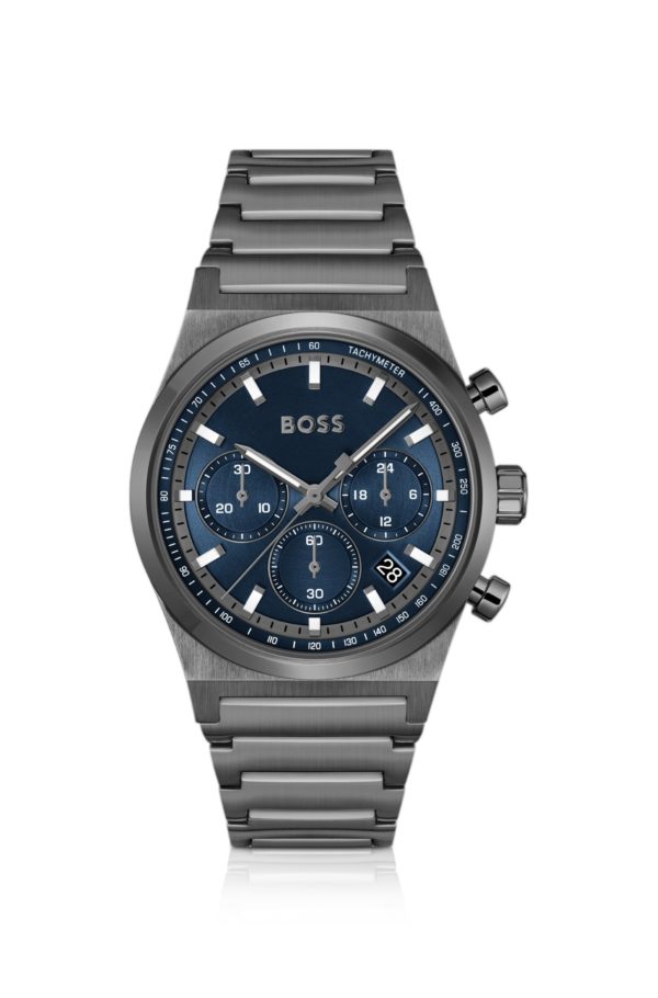 Hugo Boss Montre chronographe en acier plaqué gris à cadran bleu