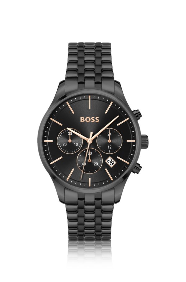 Hugo Boss Montre chronographe en acier plaqué noir avec bracelet à maillons multiples