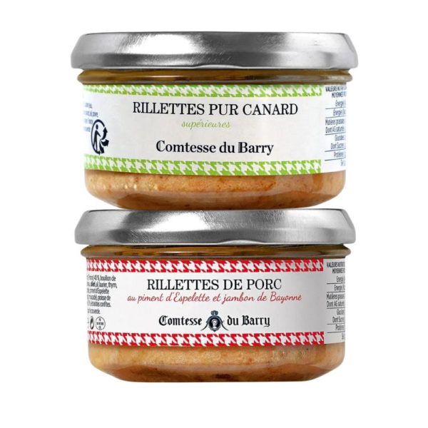 Lot de 2 Rillettes pur canard supérieures & Rillettes de porc au piment d'Espelette et jambon de Bayonne-Comtesse du Barry