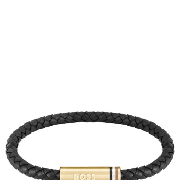 Hugo Boss Bracelet en cuir noir tressé avec fermoir magnétique logoté