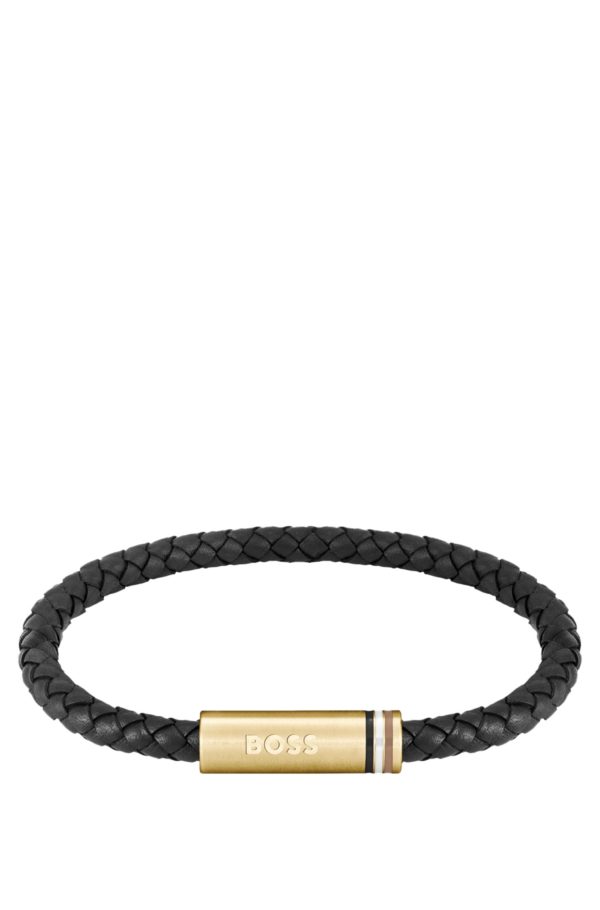 Hugo Boss Bracelet en cuir noir tressé avec fermoir magnétique logoté