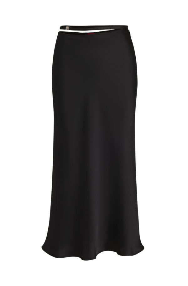 Hugo Boss Jupe mi-longue à la coupe évasée en satin avec ornement à la taille