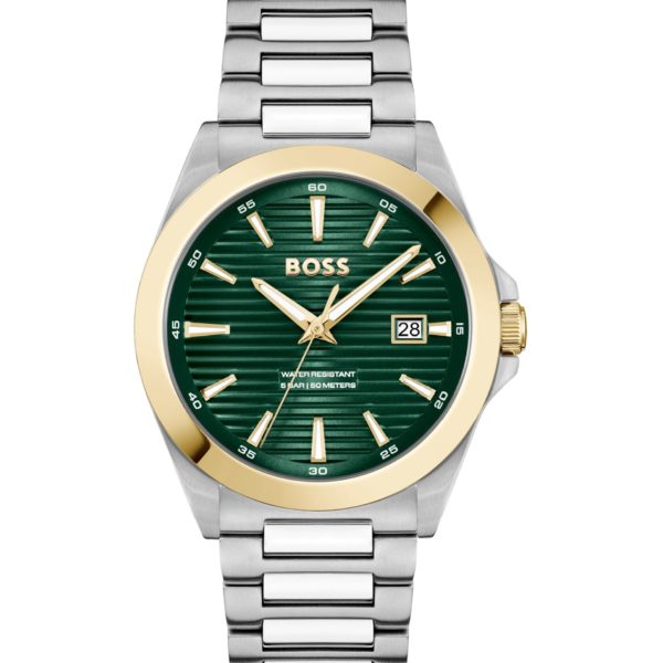 Hugo Boss Montre dorée et argentée à cadran rainuré vert