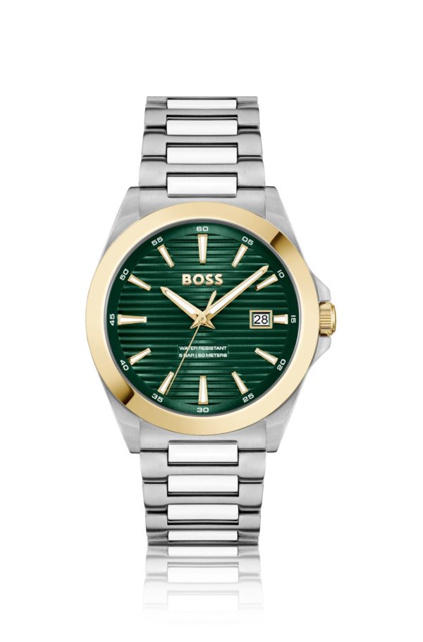 Hugo Boss Montre dorée et argentée à cadran rainuré vert
