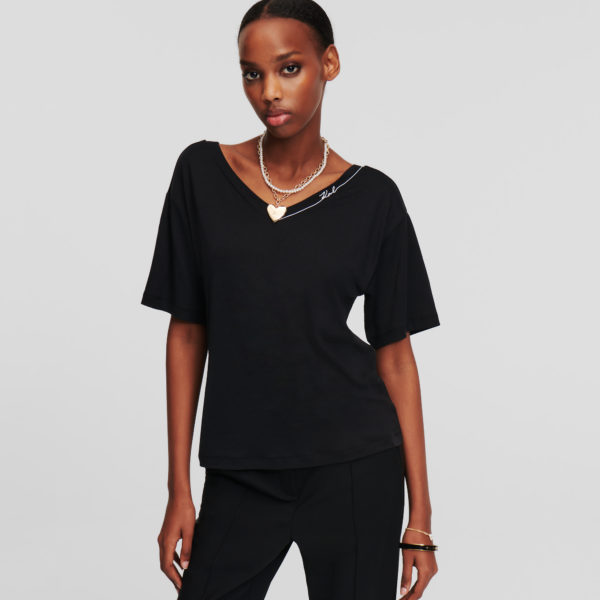 Karl Lagerfeld, T-shirt À Col En V Karl Signature, Femme, Noir, Taille: XXXL