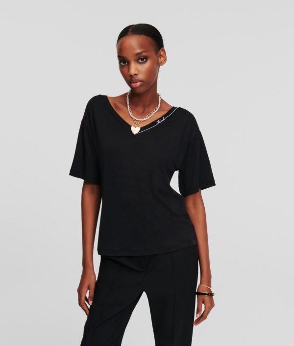 Karl Lagerfeld, T-shirt À Col En V Karl Signature, Femme, Noir, Taille: XXXL