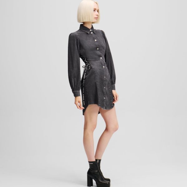 Karl Lagerfeld, Robe-chemise En Denim À La Taille Nouée, Femme, Noir lavé, Taille: XXS