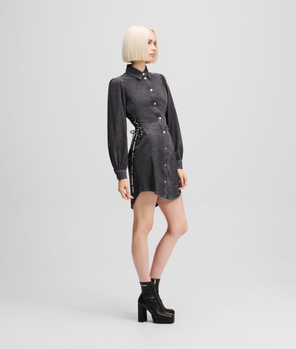 Karl Lagerfeld, Robe-chemise En Denim À La Taille Nouée, Femme, Noir lavé, Taille: XXS