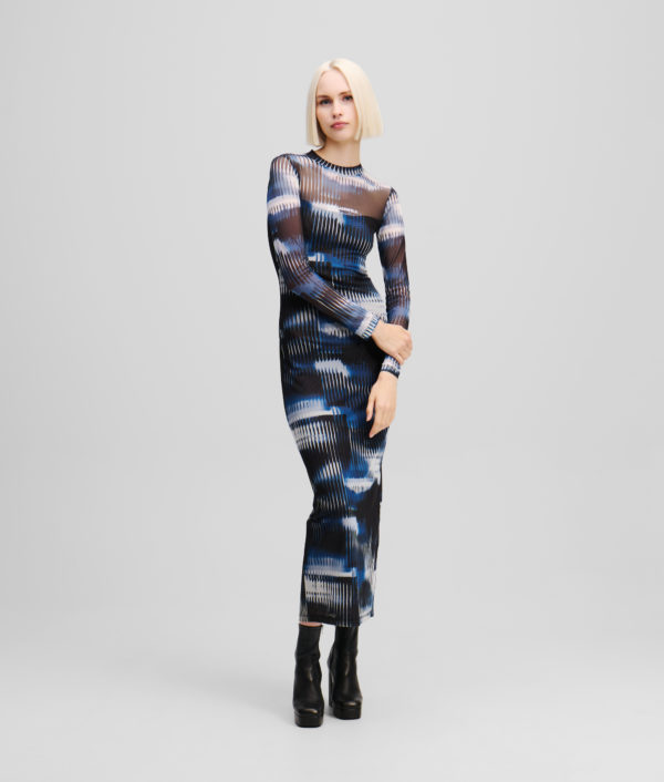 Karl Lagerfeld, Robe En Maille Imprimé Effet Glitch, Femme, All Over Midnight Motif en verre glitched, Taille: XXS