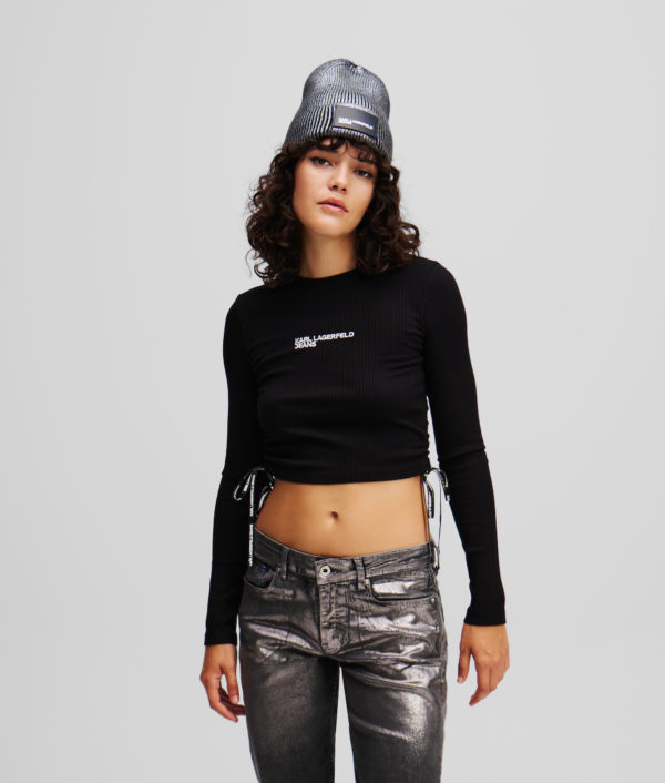 Karl Lagerfeld, T-shirt Côtelé À Manches Longues, Femme, Noir, Taille: XXS