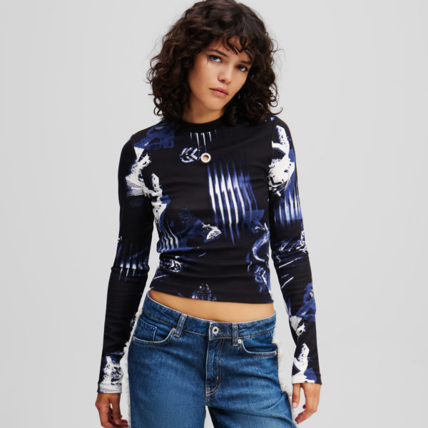 Karl Lagerfeld, Haut À Manches Longues Avec Imprimé Numérique, Femme, Motif de collage All Over Midnight, Taille: XXS