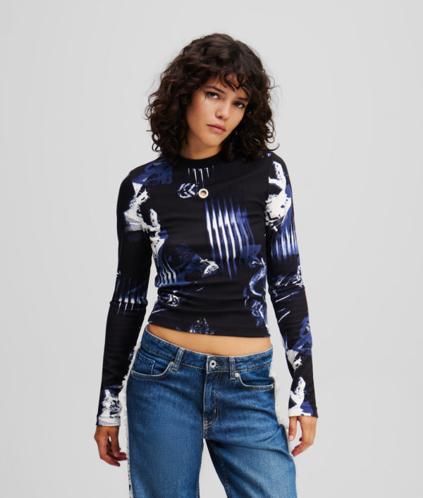 Karl Lagerfeld, Haut À Manches Longues Avec Imprimé Numérique, Femme, Motif de collage All Over Midnight, Taille: XXS