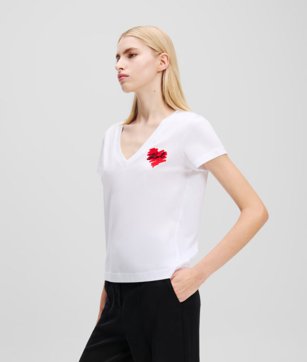 Karl Lagerfeld, T-shirt À Col En V K/heart, Femme, Blanc, Taille: XXXL