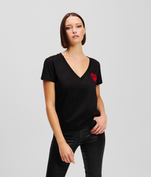 Karl Lagerfeld, T-shirt À Col En V K/heart, Femme, Noir, Taille: XXXL