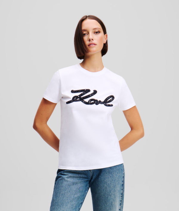 Karl Lagerfeld, T-shirt En Bouclé Karl Signature, Femme, Blanc, Taille: XXXL
