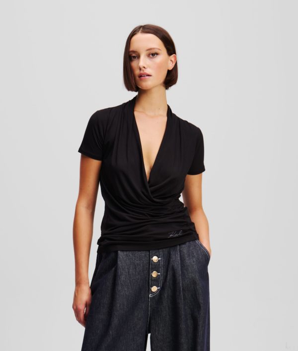 Karl Lagerfeld, T-shirt À Col En V, Femme, Noir, Taille: XXXL