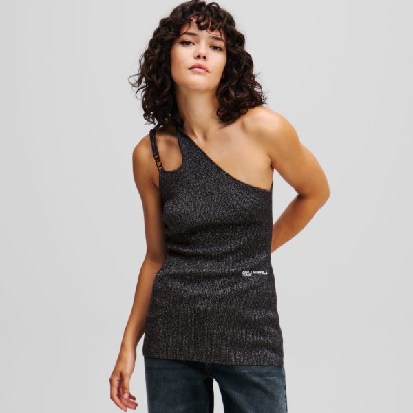 Karl Lagerfeld, Haut Asymétrique À Épaule Dénudée Effet Métallisé, Femme, Noir, Taille: XXS