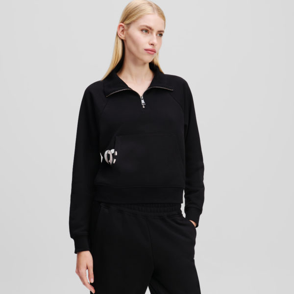 Karl Lagerfeld, Sweat-shirt À Demi-zip Et À Motif Partiellement Caché Ikon, Femme, Noir, Taille: XXXL