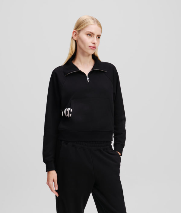 Karl Lagerfeld, Sweat-shirt À Demi-zip Et À Motif Partiellement Caché Ikon, Femme, Noir, Taille: XXXL