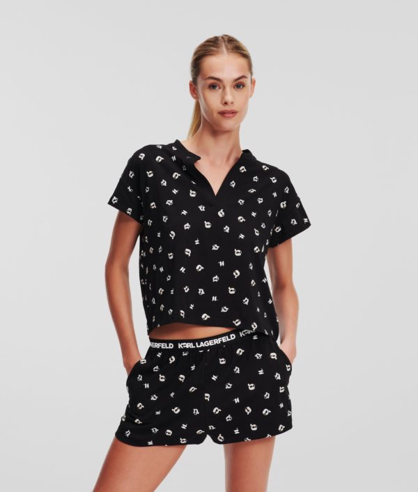 Karl Lagerfeld, Ensemble Pyjama Avec Short Ikon, Femme, Noir AOP Ikon 2.0 KL, Taille: XXS