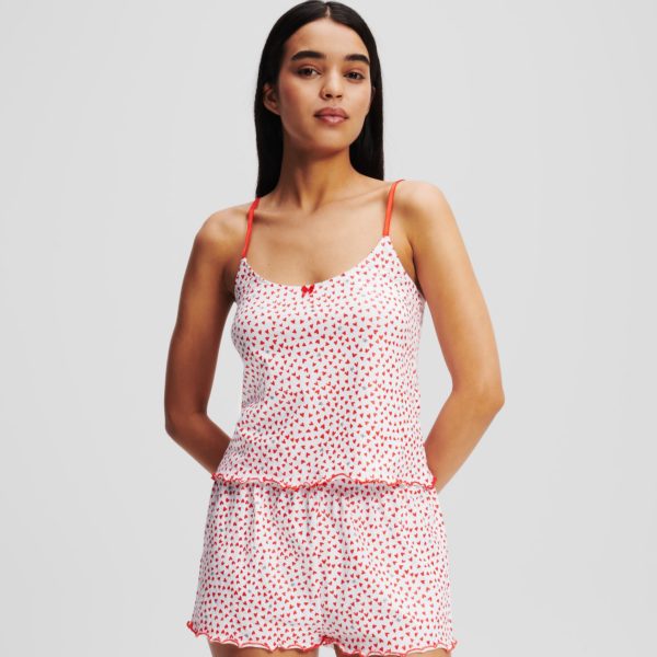 Karl Lagerfeld, Ensemble Pyjama Avec Short K/heart, Femme, Motif en forme de cœur sur toute la surface Blanc-Rouge, Taille: XXS