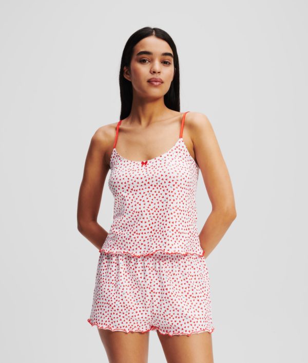 Karl Lagerfeld, Ensemble Pyjama Avec Short K/heart, Femme, Motif en forme de cœur sur toute la surface Blanc-Rouge, Taille: XXS