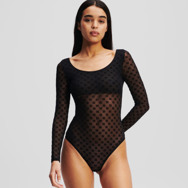 Karl Lagerfeld, Body En Mesh À Manches Longues Kl Monogram, Femme, Noir, Taille: XXS