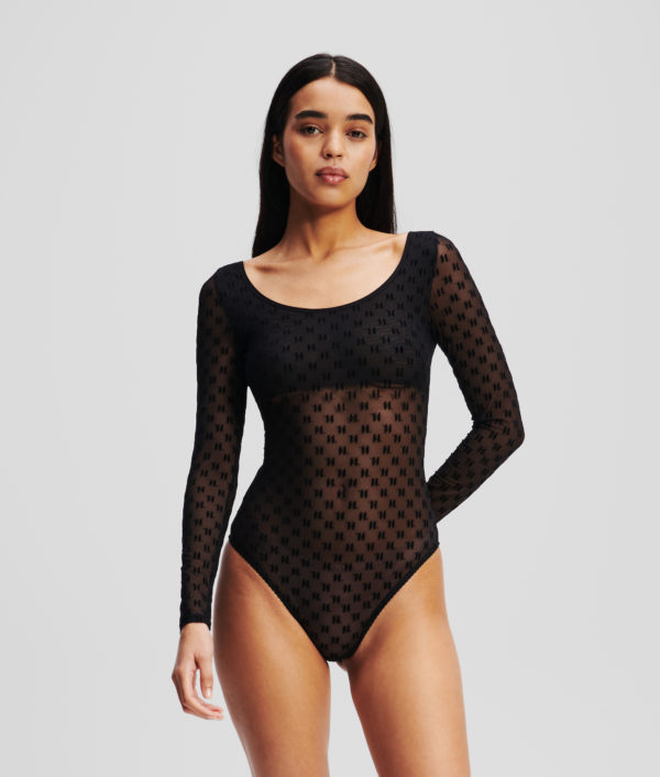 Karl Lagerfeld, Body En Mesh À Manches Longues Kl Monogram, Femme, Noir, Taille: XXS