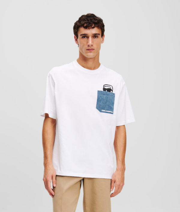 Karl Lagerfeld, T-shirt À Poche En Jean Ikon, Homme, Blanc, Taille: XXXL
