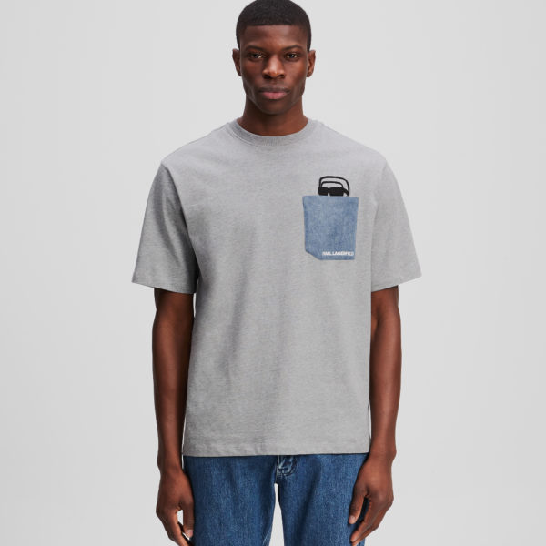 Karl Lagerfeld, T-shirt À Poche En Jean Ikon, Homme, Gris Chiné Clair, Taille: XXXL