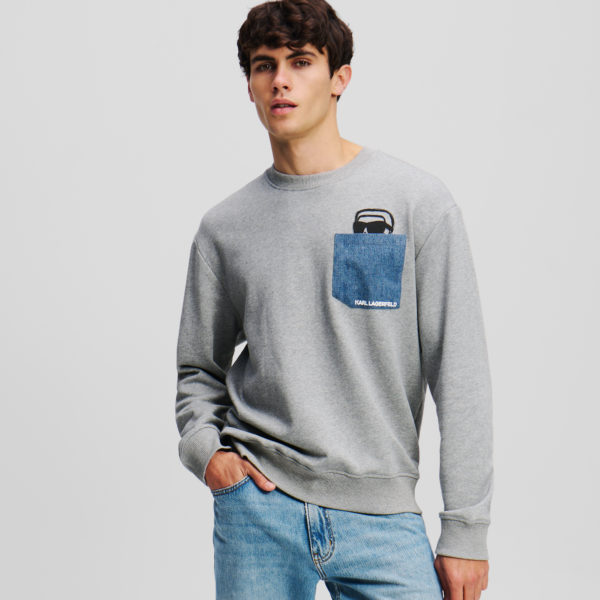 Karl Lagerfeld, Sweat-shirt À Poche En Jean Ikon, Homme, Gris Chiné Clair, Taille: XXXL