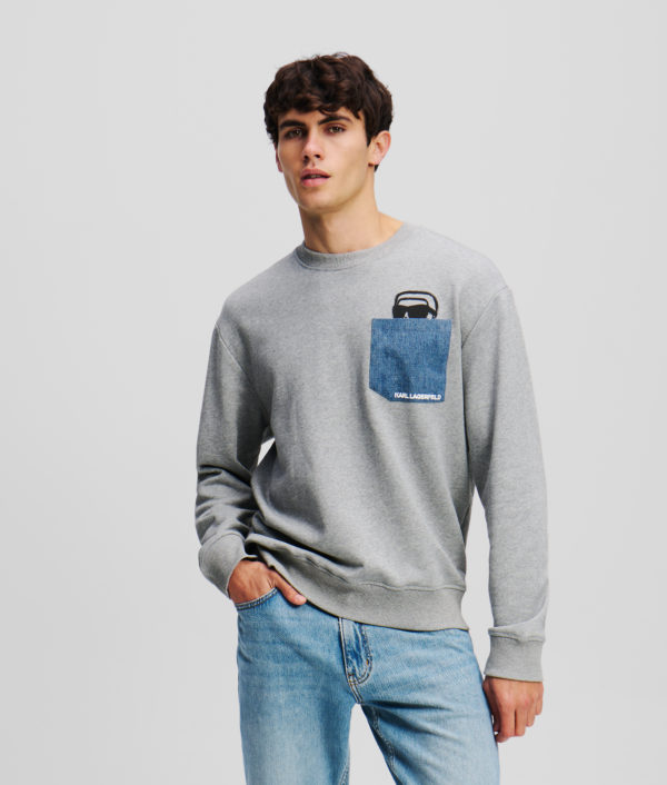 Karl Lagerfeld, Sweat-shirt À Poche En Jean Ikon, Homme, Gris Chiné Clair, Taille: XXXL