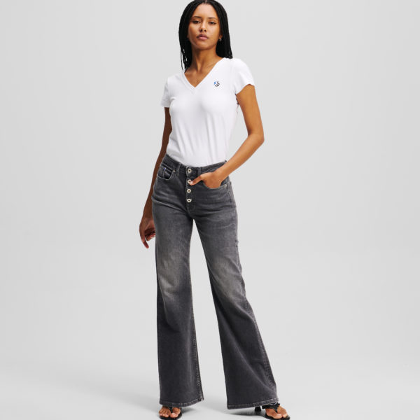 Karl Lagerfeld, Jean Flare En Denim Taille Haute À Fermeture Boutonnée, Femme, Noir lavé visuel, Taille: L3232