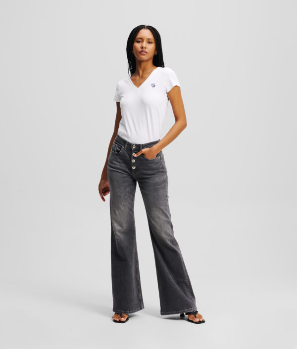 Karl Lagerfeld, Jean Flare En Denim Taille Haute À Fermeture Boutonnée, Femme, Noir lavé visuel, Taille: L3232