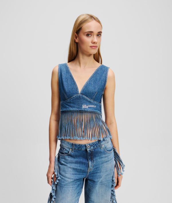 Karl Lagerfeld, Top En Denim Frangé, Femme, Bleu moyen lavé à la pierre, Taille: XXS