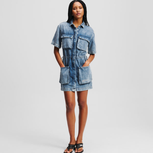 Karl Lagerfeld, Robe Chemise En Denim Utilitaire, Femme, Bleu Marbre, Taille: XXS