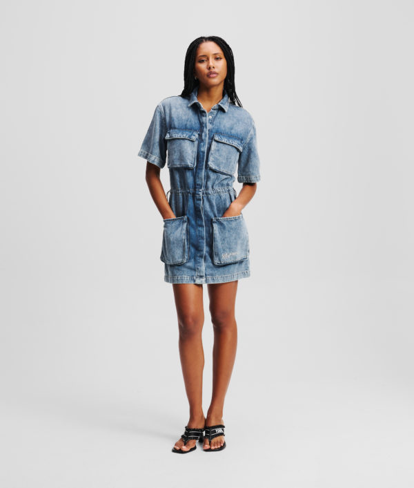 Karl Lagerfeld, Robe Chemise En Denim Utilitaire, Femme, Bleu Marbre, Taille: XXS